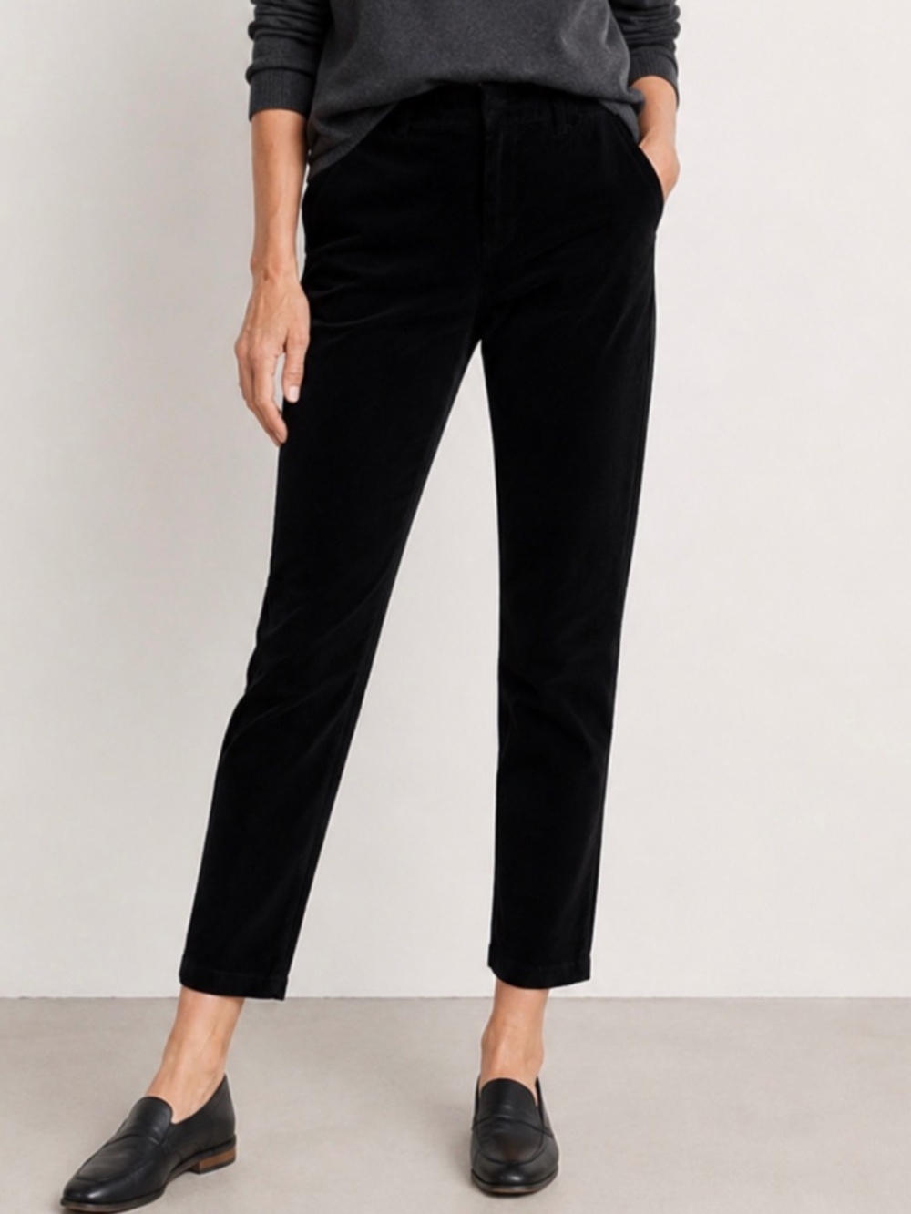NWT Eileen Fisher Black Slim Ankle Pant Organic Cotton Stretch Velveteen Sz LRG